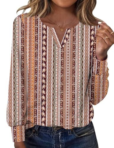 Ivicoer Tops for Women Long Sleeve T Shirts Dressy Casual Work Outfits V Neck Blouses Summer Basics Clothing (Boho Red, S)