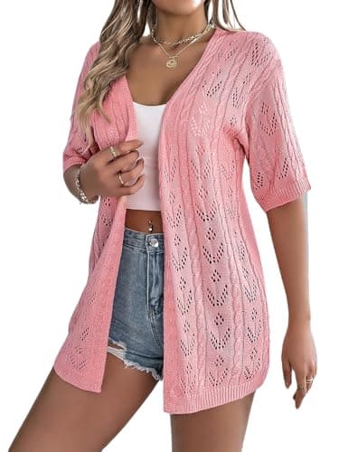 Spicy Sandia Women's Short Sleeve Crochet Cardigan Sweater for Summer Lightweight Dressy Casual Open Front Boho Pink L
