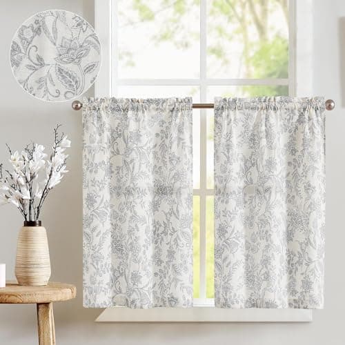 jinchan Floral Kitchen Tier Curtains 24 Inch 2 Panels Grey on Beige