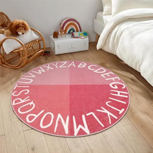 LIVEBOX Pink Round Kids Rug for Girls, Non-Slip Washable Rug for Baby Nursery, Small Pink Rugs for Bedroom, ABC Circle Carpet Soft Princess Playmat for Playroom Classroom Tent(40")