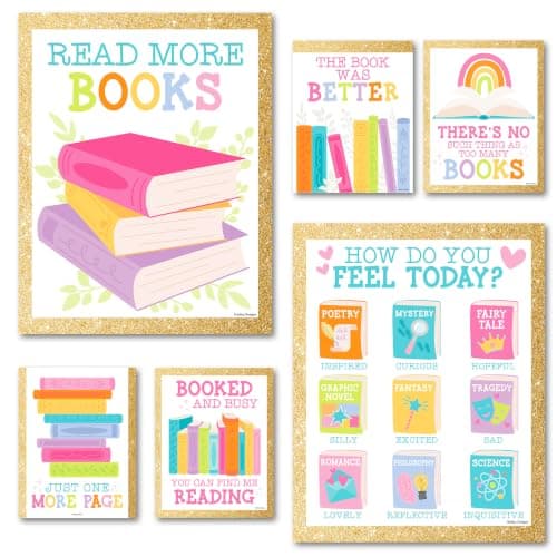Hadley Designs Reading Posters for Classroom Elementary and Library Decor - 6 Reading Corner Decor for Classroom Decorations, Reading Strategies Library Posters, Gold Bulletin Board Decorations