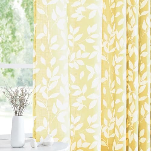 Treatmentex White and Yellow Leaf Curtains for Living Room 72" Length Print Semi-Sheer Curtains for Kitchen Windows, Mustard Yellow, Grommet Top, 2 Pack