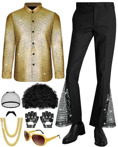 Mukum 8 Pcs Disco Outfit Men 70s Costume with Retro Gold Sequin Shirt and 80s Bell Bottom Pants, Men's 70s Disco Outfit with Wig Mustache Gloves Sunglasses Necklace for Halloween Party-L