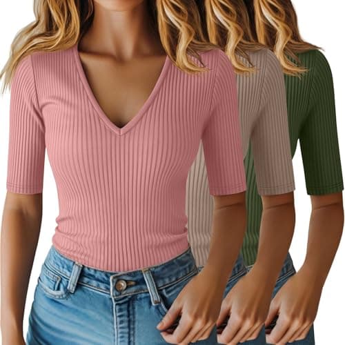 Riyiper 3 Pack Women's Half Sleeve Top Elbow Length Ribbed Cotton T Shirt Women V Neck Summer Tee Slim Fit Casual Blouses(Light Pink, Khaki, Dark Matcha Green,Small)
