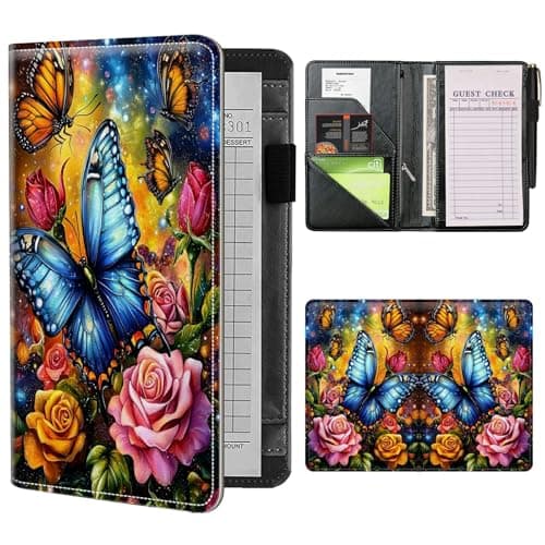 Server Books for Waitress Waiter with Zipper Pocket, Butterfly Roses Server Book for Men & Women, Restaurant Server Pads Waitstaff Organizer Guest Check Presenters Server Wallet Money Holder