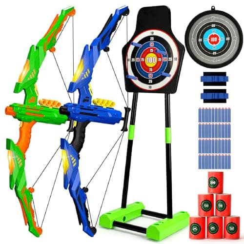TOY Life 2 Pack Bow and Arrow for Kids 4 6 8 12 14 Years Old, Outside Outdoor Toys Games for Kids, Bow and Arrow Set with LED Lights, Archery Set with Movable Target and 40 Foam Darts