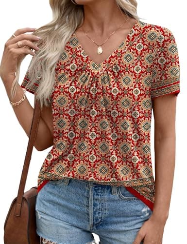 LOMON Womens Summer Tops Short Sleeve V Neck Pleated T-Shirts Loose Fit Dressy Casual Blouses Red Floral S