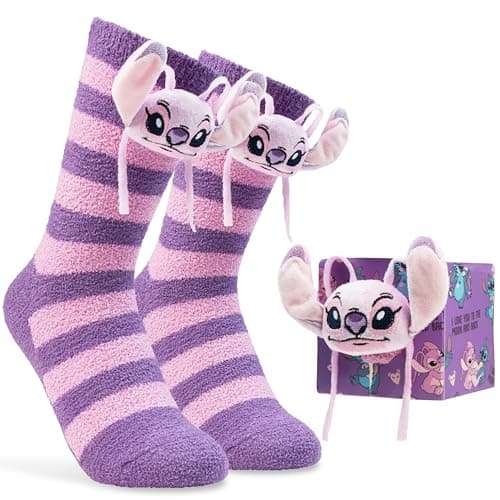 Disney Stitch 3D Slipper Socks for Women & Teens US Size 4-9, Fleece, Cozy, Warm, Indoor Non Slip Socks Gifts for Women (Purple Angel)
