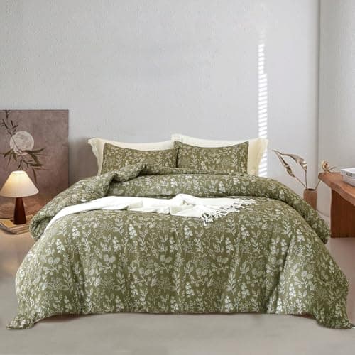 EAVD Fresh Garden Green Floral Duvet Cover King Soft Cotton Chic Shabby Small Cute Floral Botanical Bedding Set with 2 Pillowcases Reversible Green Floral Comforter Cover with Zipper Closure