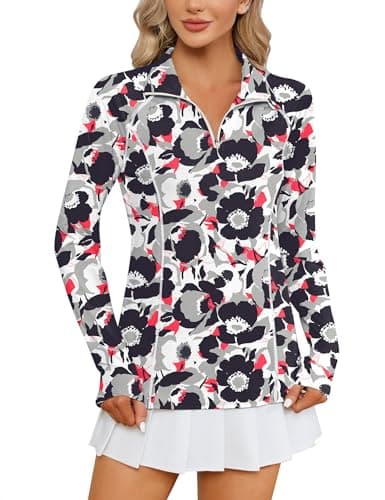 LOMON Women Long Sleeve Shirts Sun Protection 1/4 Zip Summer Quick Dry Hiking Shirts Quarter Zip Pullover Black Flower M