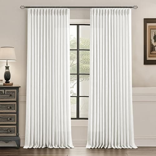 Uqocnh Pinch Pleated Linen Curtains White 90 inches Long Flax Farmhouse Semi Sheer Snow White Curtains for Living Room Bedroom Pleated Drapes Rod Pocket Back Tab Window Curtain Set, 2 Panels