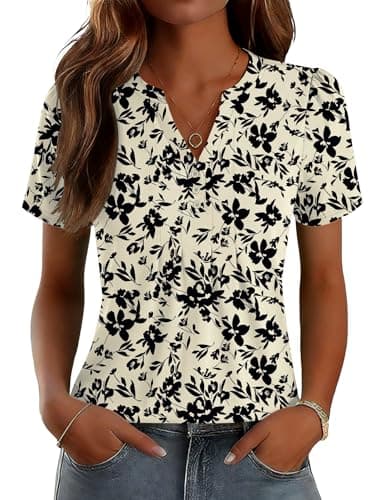 LOMON Classy Blouses for Women Fashion 2026 Apricot Black Flower Short Sleeve V Neck Soft Pleated Shirt L