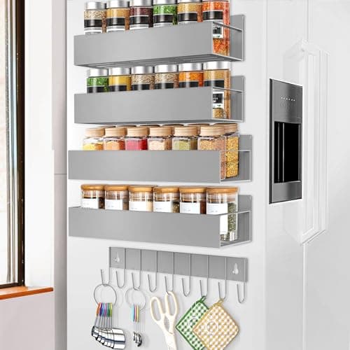 SMRCAD Magnetic Spice Rack Organizer for Fridge Seasoning Organizer for Kitchen storage with Screw Magnetic Shelf with Hook for Refrigerator and Oven (4pack1hook-Grey)