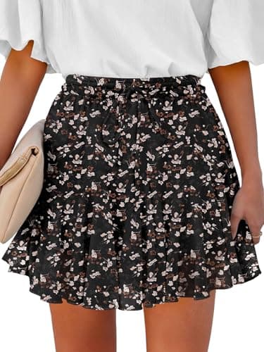 Caracilia Flowy Skorts for Women Summer High Waist Ruffle Pleated Boho Mini Skirts 2026 Casual Chiffon Beach Short Skirt Black Begie Floral Small
