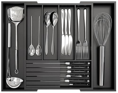 Bamboo Kitchen Silverware Drawer Organizer - Expandable Wood Utensil Holder with Dividers, Luxury Cutlery Storage Tray for Kitchen Utensil and Flatware (5-7 Slots with Removable Knife Block, Black)