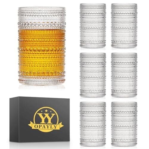 OPAYLY hobnail drinking glasses Highball Glasses Set of 6 12oZ Embossed Vintage Drinking Water Cocktail Whiskey Beverages Juice Milk Soda Gift for Men Women-Fathers Day Gift