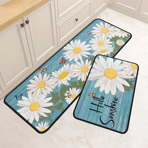 Putware Sping Kitchen Rugs and Mats Set of 2, Sping Decor Non Slip Backing Sping Kitchen Rug Spring Decorations for Home Seasonal Low-Profile Kitchen Floor Mat (Daisy, 17"x47"+17"x30")