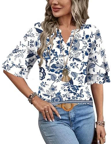 LOMON Womens Tops Ruffle Short Sleeve Blouses Fashion V Neck T Shirts Dressy Casual Bell Sleeve Tee Spring Summer Clothes M