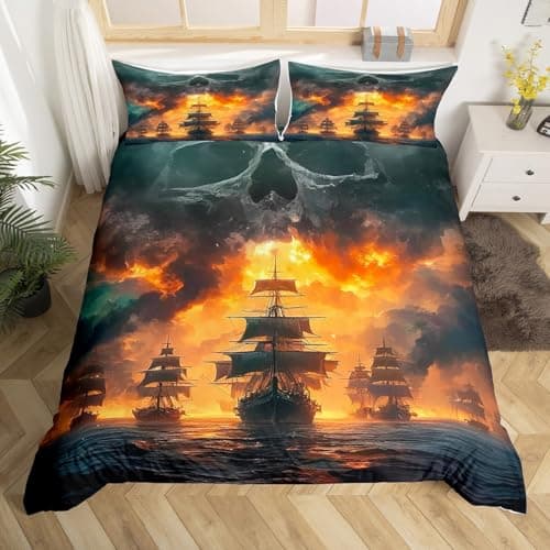 Erosebridal Pirate Comforter Set Queen Sailboat Duvet Cover Nautical Ocean Theme Boys Teen Bedding Comforter Cover Cool Style Adult Bedding Set Wave Pattern Printed Decor Bedspread for Men Women