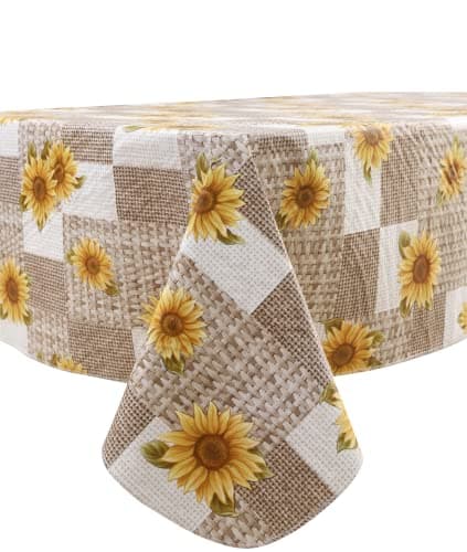 LIBERECOO 60" Square Vinyl Tablecloth with Flannel Backing, Sunflower Stain-Resistant Tablecloths Waterproof Oil-Proof Wipeable Table Cover for Indoor/Outdoor Picnic, BBQ