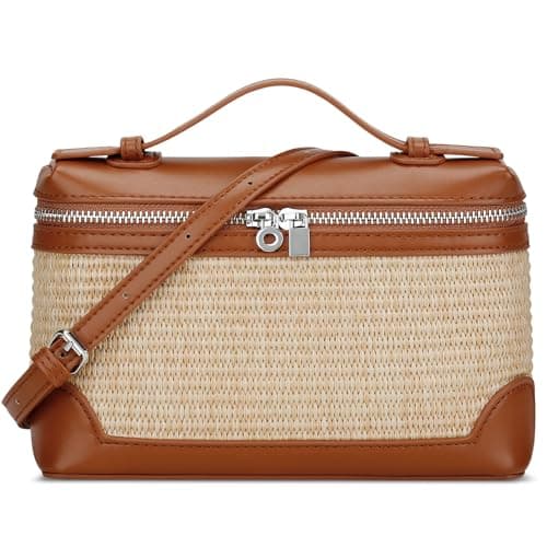 KKXIU Straw Crossbody Bags for Women,Top Handle Beach Bag & Clutch Raffia Summer Vacation Purse Shoulder Handbags with Adjustable Belt - Brown