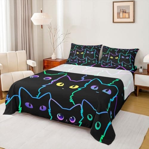 Erosebridal Cat Fitted Sheet for Girls, Kids, Teens - Full Size Sheet Set With 2 Pillow Cases - Cartoon Animal Pet Bedding, Gradient Line Cats Design - Black Cat Lover Gifts