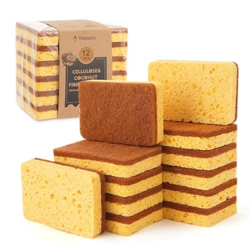 Yocada Cellulose Sponge 12 Pack Biodegradable Natural Kitchen Sponge Dual-Action Cleaning Sponge Compostable Cellulose and Coconut Walnut Non-Scratch Scrubber Sponge for Dishes Pans Pots