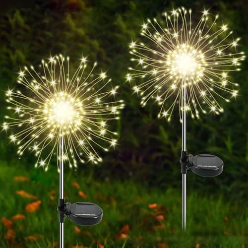 YaaFen Solar Garden Lights Outdoor, 2 Pack 120 LED Twinkling Firework Lights Decorative with 2 Modes, Outdoor Waterproof Solar Starburst Light for Outside Yard Pathway Garden Decor, Warm White