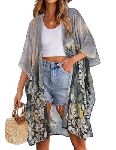 Casual Swimsuit Coverups for Women Summer Beach Kimono Lightweight Cardigans for Swimwear(Grey Floral White,S)