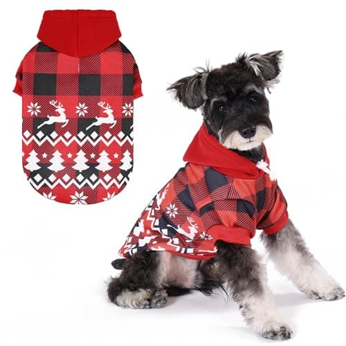 KOOLTAIL Christmas Dog Hoodie, Red Plaid Pet Sweater, Hat Hooded Sweatshirt Dog Clothes for Small Medium Large Dogs, Soft Warm Winter Cold Weather Coat with Leash Hole&Pocket, Reindeer Snowflake, M