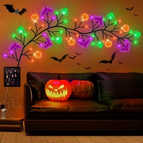 Taoushuleng 6FT Halloween Decorations Lights Willow Vine Twig Garland with Pumpkin Bat Spider Light, 8-Mode Battery Operated Decoration for Home Wall Table Fireplace Décor