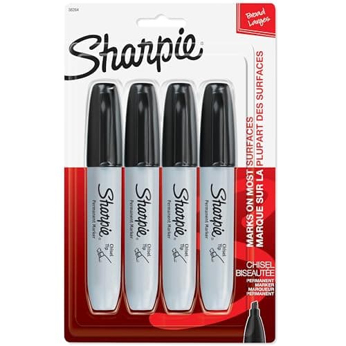 Sharpie Permanent Markers, Large, Chisel Tip, Black, 4 Count - Marks on Paper, Plastic, Metal, and More