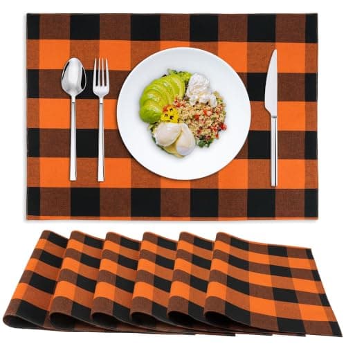BETRIC Set of 6 Buffalo Plaid Placemats, Farmhouse Style, Heat Resistant Table Placemats, Machine Washable, 14x20 Inches, Ideal for Kitchen, Dining Table & Holiday Decor-Orange/Black