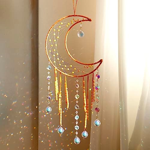 Artilady Moon Dream Catchers - Yellow Dream Catcher with Crystals Princess Room Decor for Girls Kids Adults Baby Bedroom Room Decor Christmas Birthday Teen Girl Gifts