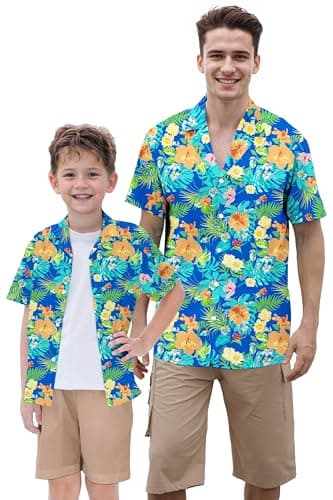 Boys Hawaiian Shirt Casual Short Sleeve Floral Button Down Shirt,Hibiscus Cobalt,11-12Y