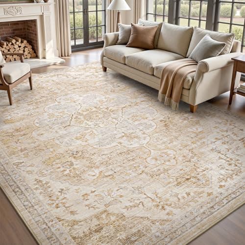 tchdio 8x10 Area Rugs for Living Room, Vintage Non Slip Washable Rug, Soft Low Pile Neutral Area Rug Large Floor Indoor Carpet for Bedroom, Dining Room, Office (Beige, 8'x10')