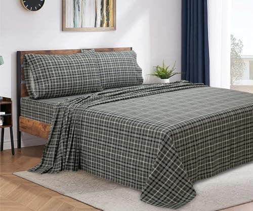 Bliss Casa 4 Piece 100% Cotton Flannel Sheets King Size Bed Set - Warm & Extra Soft - Deep Pockets, Breathable, All Seasons Comfy - Double Brushed Bed Sheet (Grey Plaid)