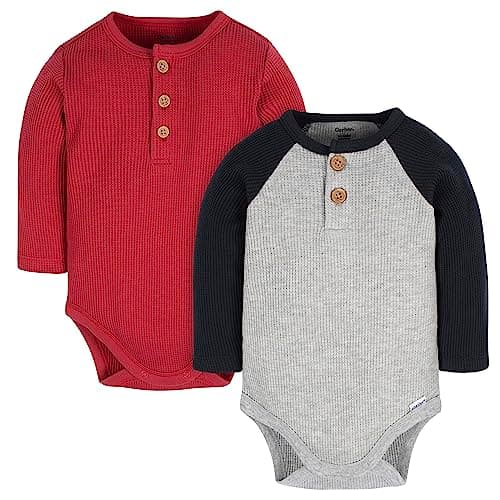 Gerber Baby Boys 2-Pack Long Sleeve Henley Onesies, Red Black Heather Grey, 0-3 Months