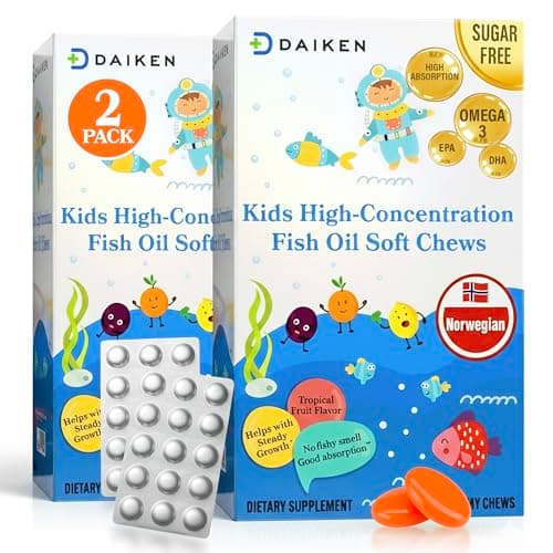 DAIKEN High Concentration Kids Fish Oil Omega-3 Gummies, No Sugar Added, Individually Wrapped, 300 mg DHA & EPA with Vitamin D3 for Kid, 30 Count, Tropical Fruit Flavor, Norwegian Sourced (Pack of 2)