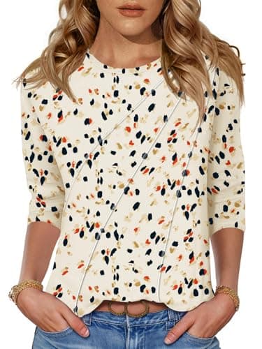 LOMON Women Summer Tops Women's 3/4 Sleeve Summer Tops Crew Neck Casual Work Shirts Boho Petite Apricot Leopard Spot XL
