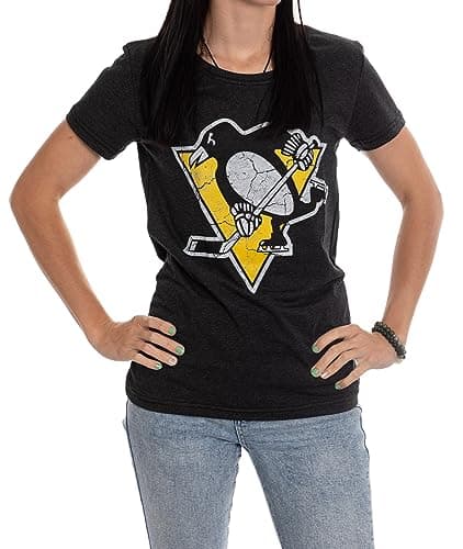 Calhoun NHL Surf & Skate Women's Distressed Print Fitted Crew Neck Premium T-Shirt (Pittsburgh Penguins, X-Large)