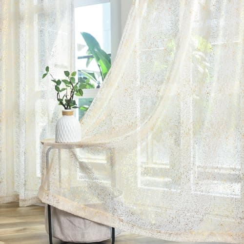TERLYTEX Taupe Sheer Curtains with Gold Foil Dots, W52 x L72 Inch