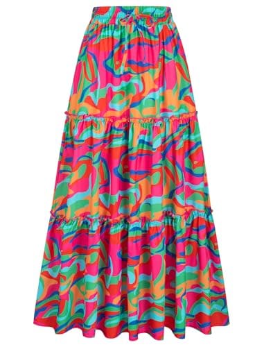 Arolina Long Skirts for Women Tiered Pleated Maxi Skirts Flowy Floral Flared A-Line Boho Skirt for Beach Vacation 2026 Resort Wear M Multicolor