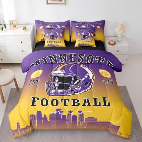 Erosebridal Football Comforter Set with Sheets American Soccer City 7 Piece Bedding Set Sports Rugby Competitive Games Bed in A Bag Twin Size for Kids Boys Teen,Purple Yellow Bed Set