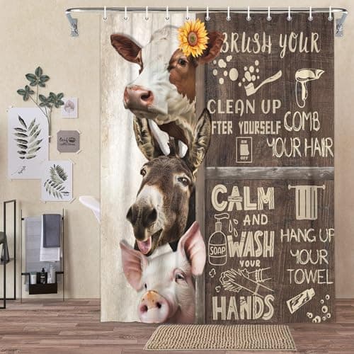 Pinpai Funny Farmhouse Shower Curtain, Rustic Bathroom Rules Shower Curtain Set for Bathroom, Adults Animal Fabric Shower Curtain Restroom Bathtub Decor Accessories with Hooks 72X 72 inch