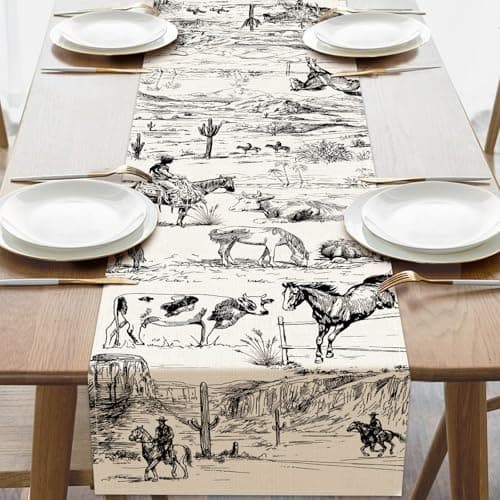 Croar Vintage Western Cowboy Dining Table Runner, Retro Wild Tribal Farm Animals Cow Horse Cactus Burlap Kitchen Decoration, Rustic Country Farmhouse Indoor Outdoor Home Decor Party Supply 13''x72''