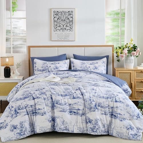 WONGS BEDDING Blue Comforter Set King, 7 Pieces Bed in a Bag Farmhouse Comforter with Sheets, French Toile Bedding Set, Soft Lightweight Microfiber Botanical Print Complete Bed Set for All Season
