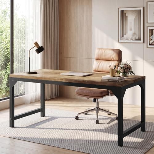Tribesigns Solid Wood Computer Desk, 63 x 31.5 inch Large Office Desk Computer Table Study Writing Desk Workstation for Home Office, Wooden Desktop, Black Metal Frame, Natural Wood