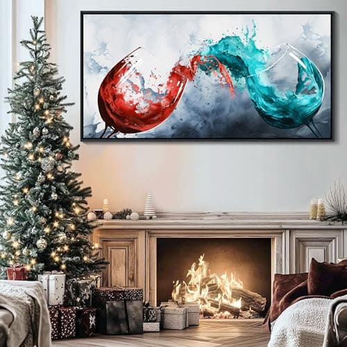 Framed Blue & Red Wine Glass Collisions Canvas Art | 24x48 inches | Modern Kitchen & Dining Room Decor | Abstract Wine Cup Painting | Contemporary Bar & Living Room Wall Art | pictures wall decor