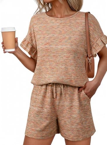 Dokotoo Womens Two Piece Summer Outfits for Women Casual Matching Sets Short Sleeve Crewneck Top and High Waisted Shorts for Home Travel Orange Large